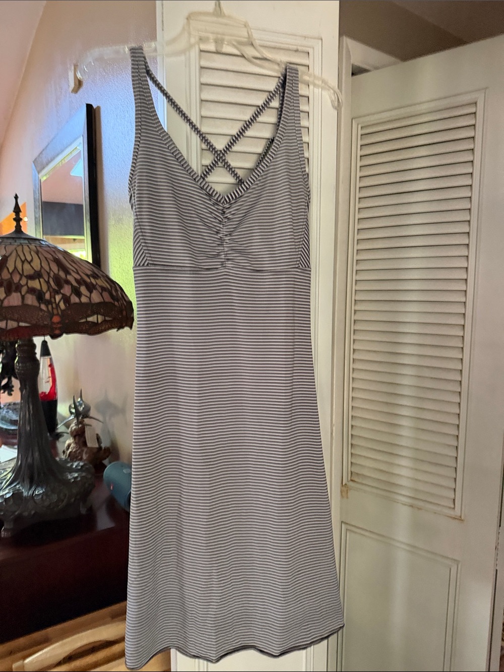 Prana Striped Gray & White Sleeveless Dress  with Crisscross Back